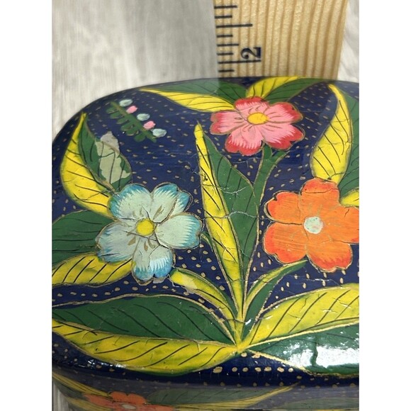 Vintage India Hand Painted Lacquered Paper Mache Lidded Trinket Box Blue Floral - Picture 10 of 12